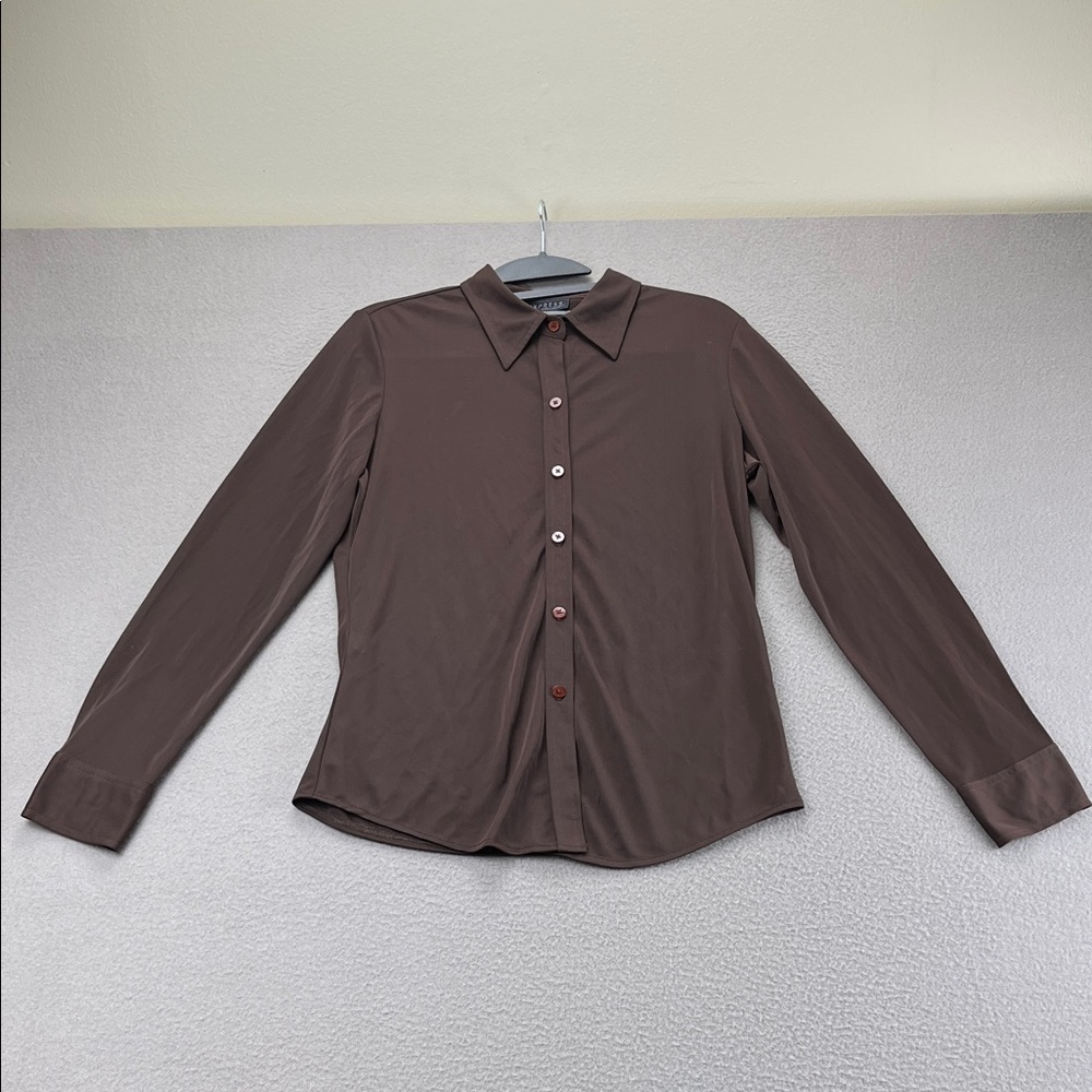 Express Brown Sheer Button Up Blouse Y2K Mesh Top Long Sleeve Women’s Size M